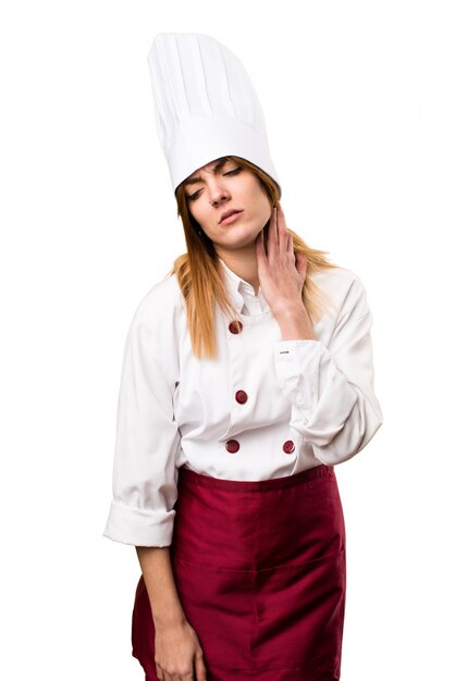 Foto hermosa mujer chef con dolor de cuello