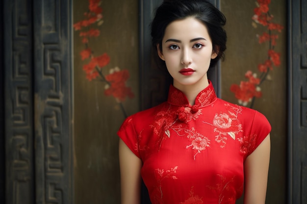 hermosa mujer china con un cheongsa rojo ai generativo