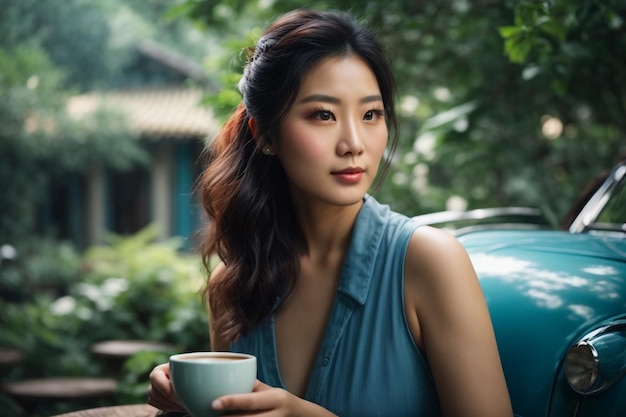 Una hermosa mujer china disfrutando de una taza de café en un jardín arbolado Linda fusca azul con ojos