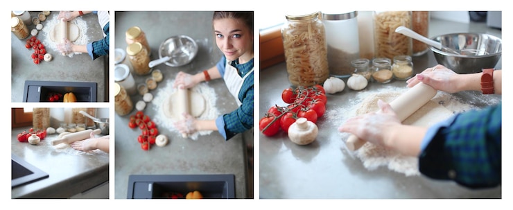 Foto hermosa mujer cocinando pastel en la cocina de pie cerca del escritorio