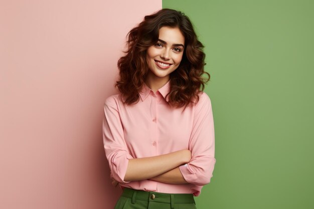 Hermosa mujer en colores rosa y verde.