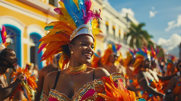 Una hermosa mujer con un colorido tocado de plumas y un disfraz sonríe mientras baila en un desfile de carnaval