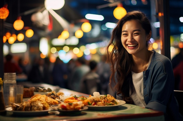 Una hermosa mujer comiendo felizmente en un mercado de comida callejera por la noche