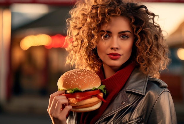 una hermosa mujer comiendo hamburguesa