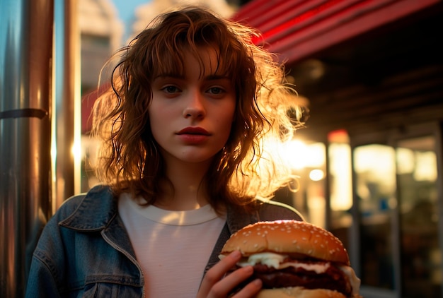 una hermosa mujer comiendo hamburguesa