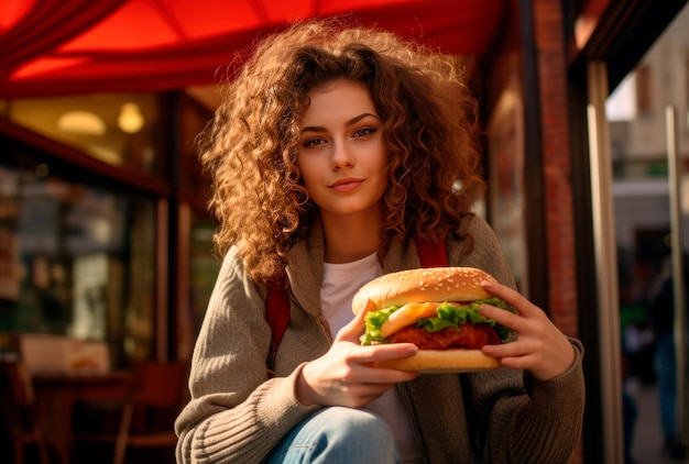 una hermosa mujer comiendo hamburguesa