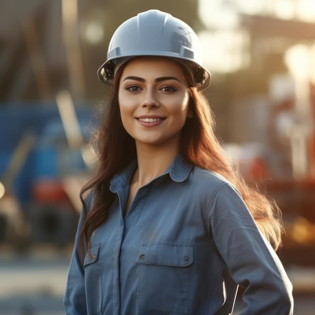 Hermosa mujer constructora de confianza en uniforme y casco de seguridad sonriendo el Día del Trabajo