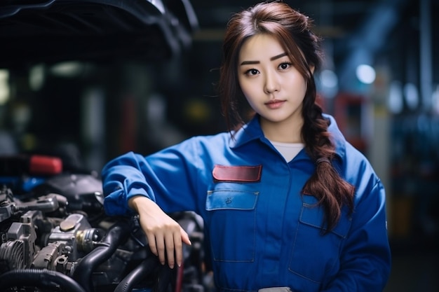 una hermosa mujer coreana trabajando joven trabajador de reparación de automóviles concepto de servicio