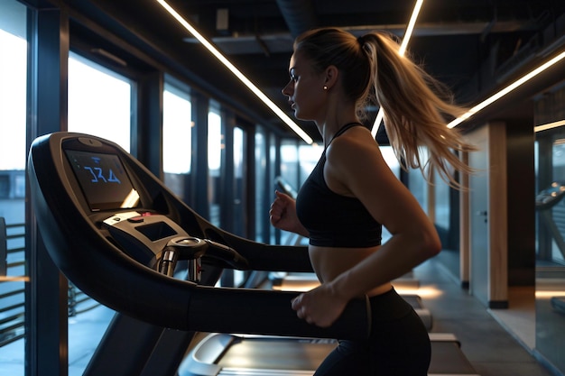 Foto hermosa mujer corriendo en una cinta de correr en un gimnasio moderno