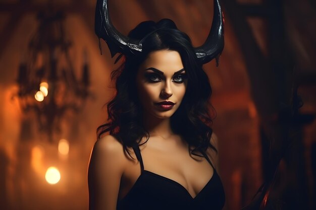 Foto hermosa mujer con cuernos de diablos ojos demoníacos con disfraces de halloween fondo de casa embrujada