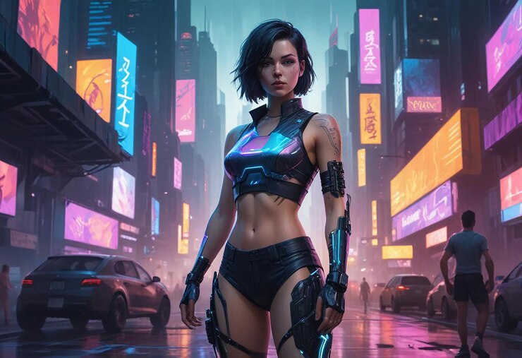 Una hermosa mujer cyborg en el centro.