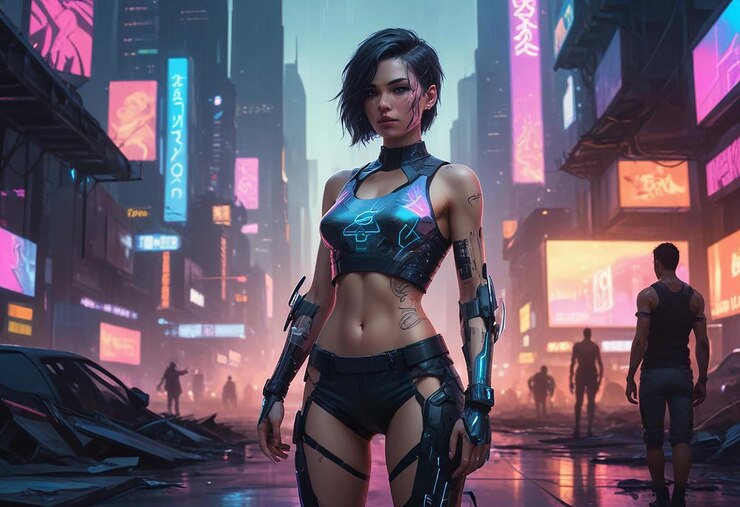 Una hermosa mujer cyborg en el centro.