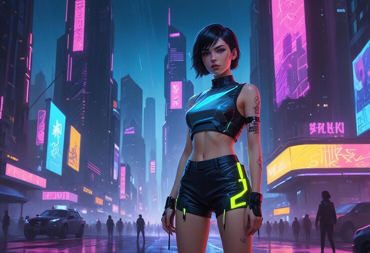 Una hermosa mujer cyborg en el centro.