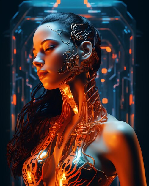 Hermosa mujer cyborg futurista con luces de neón