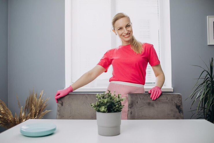 Hermosa mujer en delantal y guantes de pie en la acogedora cocina