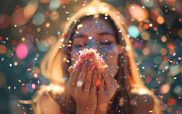 Foto hermosa mujer desenfocada soplar confeti de las manos celebración y concepto de evento