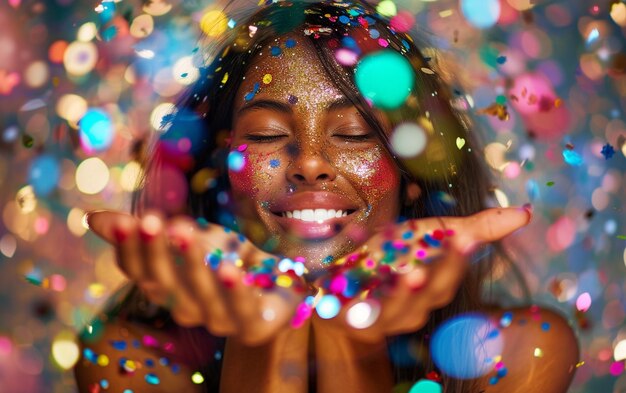 hermosa mujer desenfocada soplar confeti de las manos celebración y concepto de evento