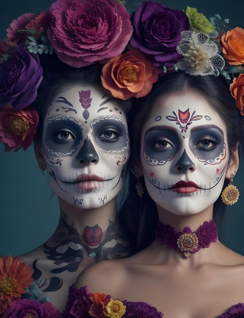 Foto hermosa mujer día de los muertos color ful