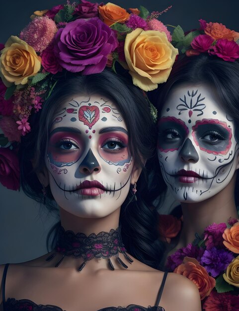 Foto hermosa mujer día de los muertos color ful