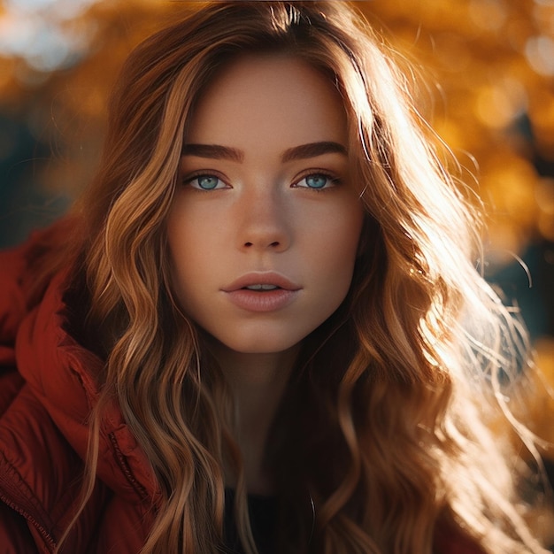 Hermosa mujer en un día de otoño en la hora dorada retrato cinematográfico de primer plano