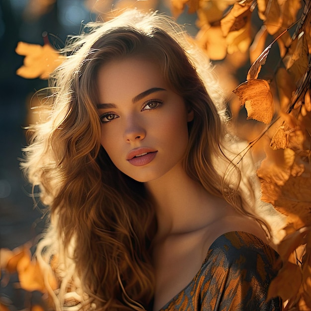 Hermosa mujer en un día de otoño en la hora dorada retrato cinematográfico de primer plano