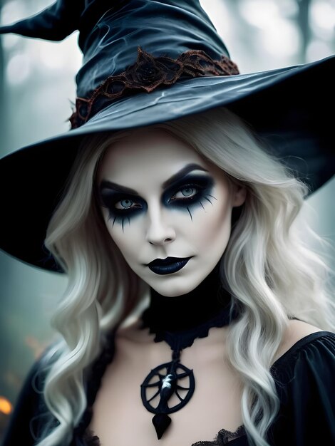 Hermosa mujer disfrazada de bruja con maquillaje de Halloween, calabazas y murciélagos con velas de Halloween