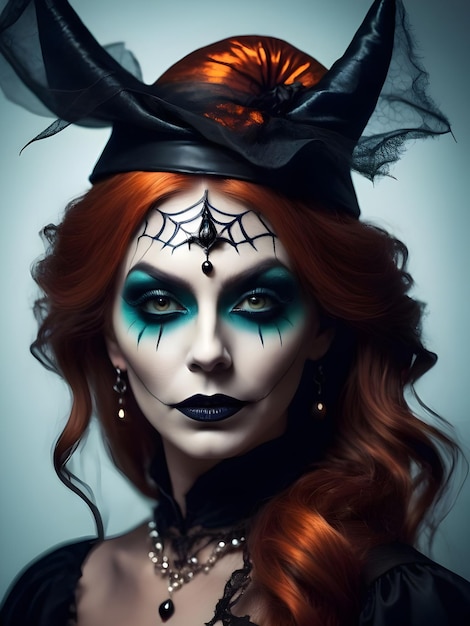 Hermosa mujer disfrazada de bruja con maquillaje de Halloween, calabazas y murciélagos con velas de Halloween