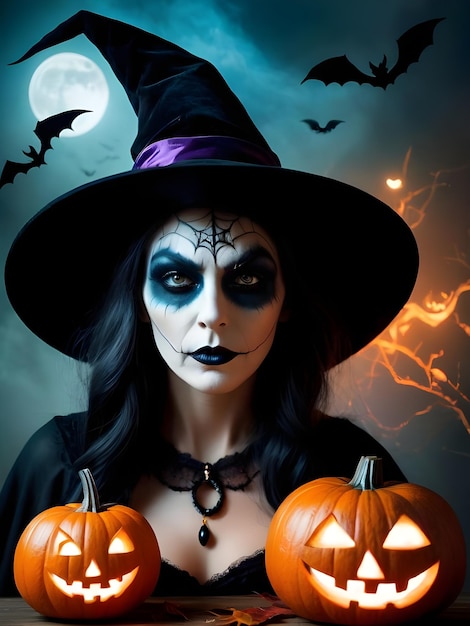 Hermosa mujer disfrazada de bruja con maquillaje de Halloween, calabazas y murciélagos con velas de Halloween