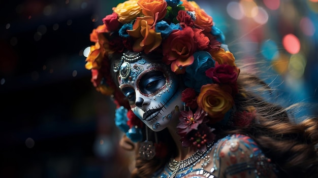 Hermosa mujer disfrazada y maquillada de catrina con coloridas rosas adornando su cabello