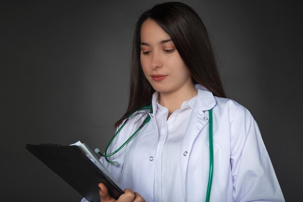 Hermosa mujer doctora turca sonriente con un archivo de paciente en sus manos