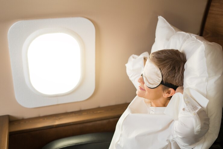 Hermosa mujer elegante durmiendo en una cabina de jet privado sobre una almohada