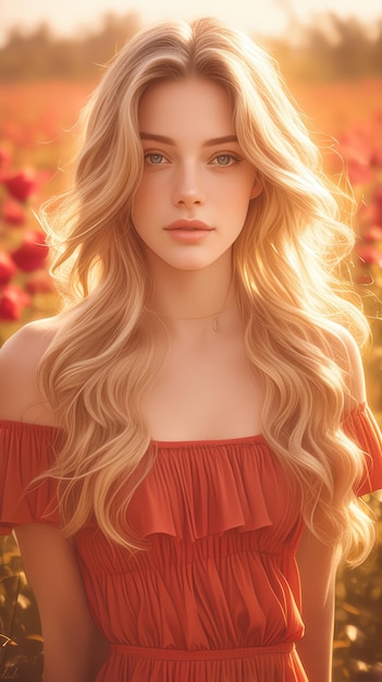 hermosa mujer elegante en un vestido posando en el jardín de rosas