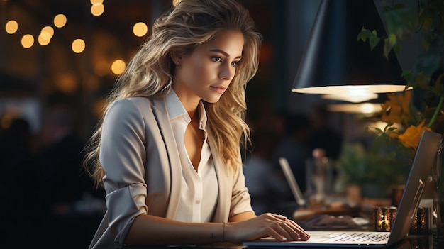 Hermosa mujer empresaria trabaja en la oficina en la computadora portátil AI generada