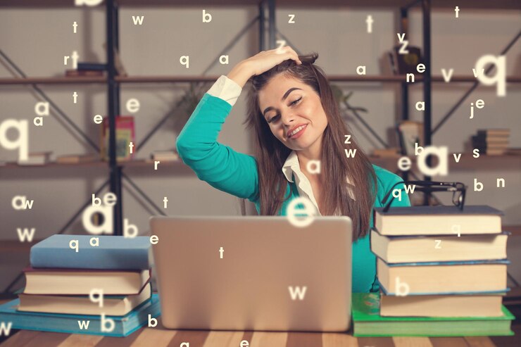 Foto hermosa mujer está feliz por su exitoso trabajo con una computadora portátil y libros en la mesa