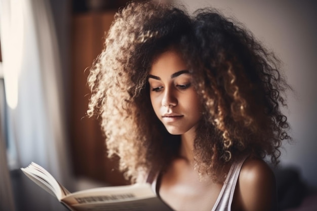 Hermosa mujer está leyendo un libro en una habitación acogedora