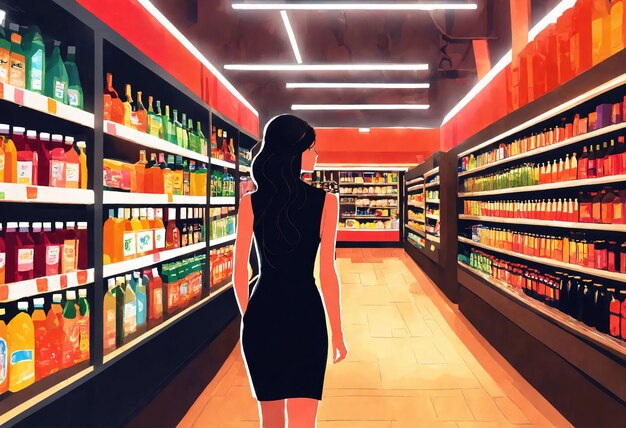 La hermosa mujer está mirando los estantes para comprar algo en el supermercado.