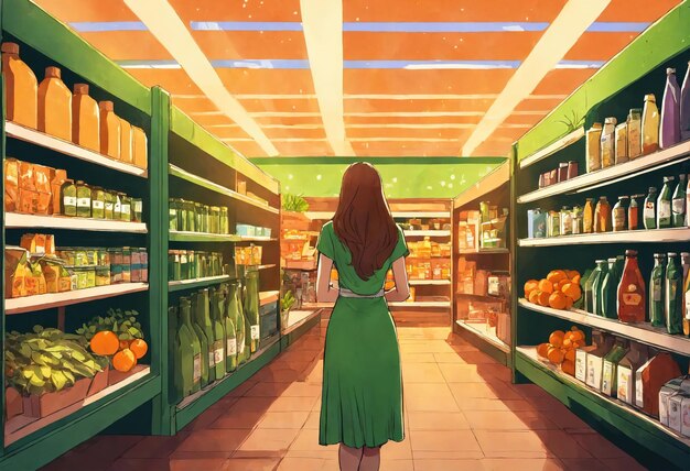 La hermosa mujer está mirando los estantes para comprar algo en el supermercado.
