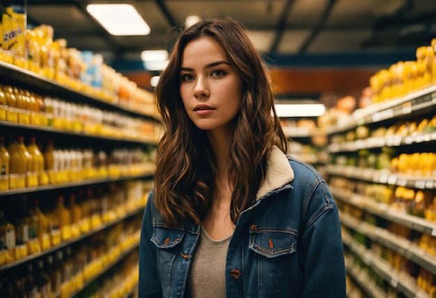 La hermosa mujer está mirando los estantes para comprar algo en el supermercado.