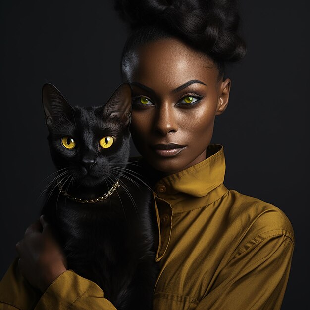 Hermosa mujer étnica negra con ojos amarillos sostiene un gato negro en sus brazos, la mujer y el gato se parecen