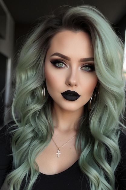 Hermosa mujer europea con labios negros y cabello verde.