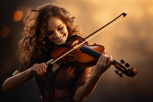 Una hermosa mujer feliz tocando el violín