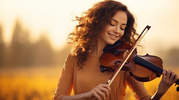 Una hermosa mujer feliz tocando el violín