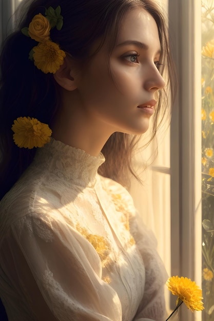 una hermosa mujer con flores en el cabello está de pie junto a la ventana AI generativa