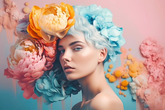 Hermosa mujer en flores Día de la mujer de salud mental o concepto del día de la madre Ilustración generativa de IA