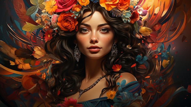 hermosa mujer con flores en una ilustración de corona para un fondo