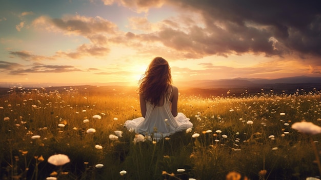 Foto hermosa mujer flores de margarita campo papel pintado de la naturaleza ia imagen generada