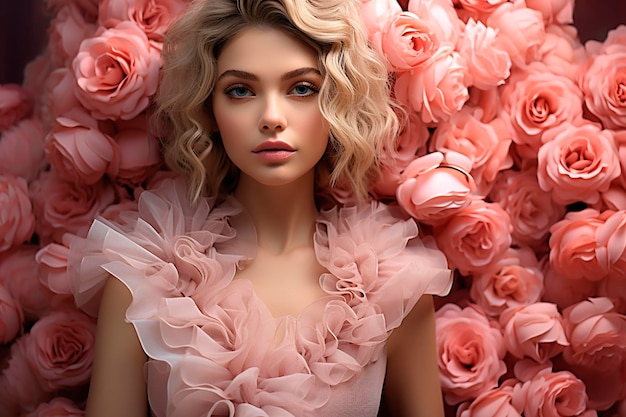 Hermosa mujer con flores rosas IA generativa