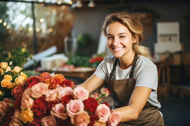 Hermosa mujer florista creando un ramo de rosas en una floristería Pequeña empresa Generativa AI ilustración