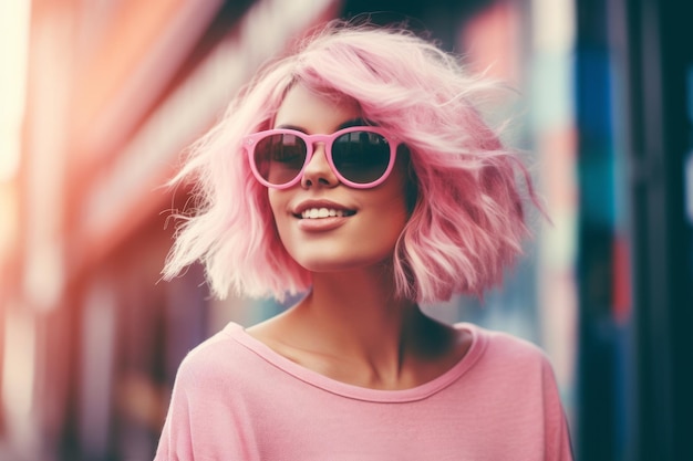 Hermosa mujer con gafas de sol rosa de moda