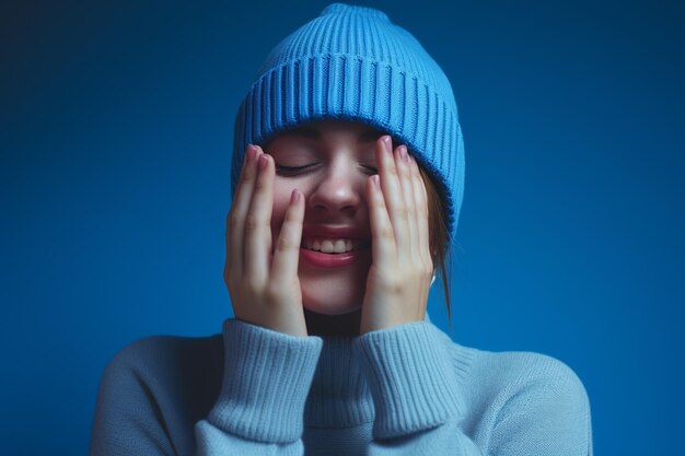 una hermosa mujer con un gorro de punto azul se ríe sobre fondo azul